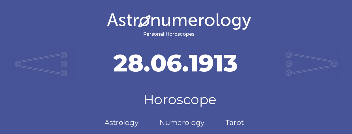 Horoscope for birthday (born day): 28.06.1913 (June 28, 1913)