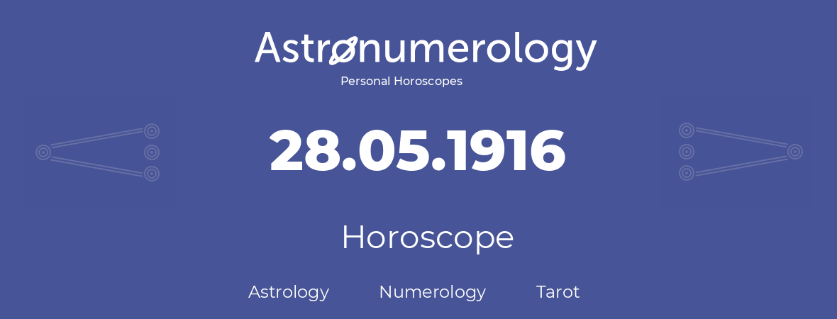 Horoscope for birthday (born day): 28.05.1916 (May 28, 1916)
