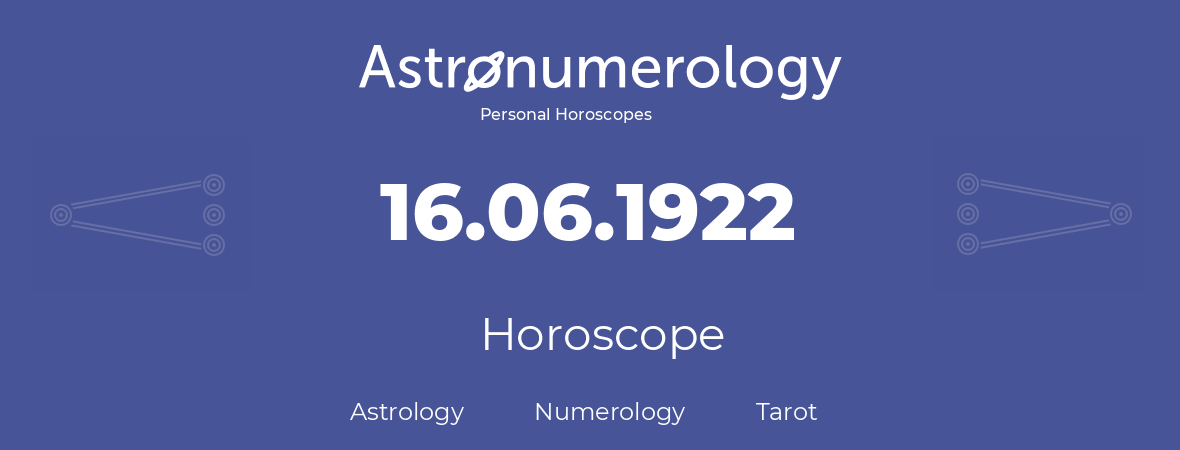 Horoscope for birthday (born day): 16.06.1922 (June 16, 1922)