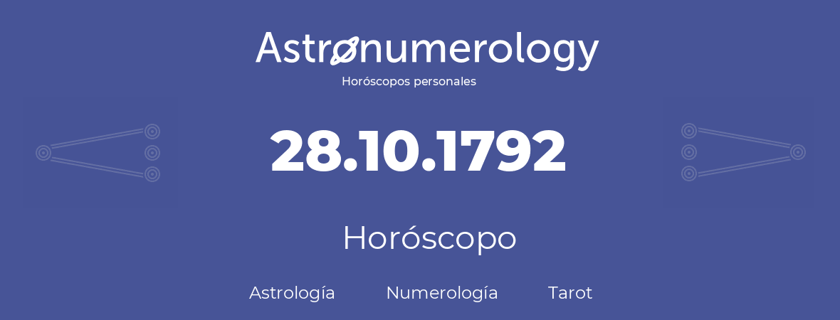 Fecha de nacimiento 28.10.1792 (28 de Octubre de 1792). Horóscopo.