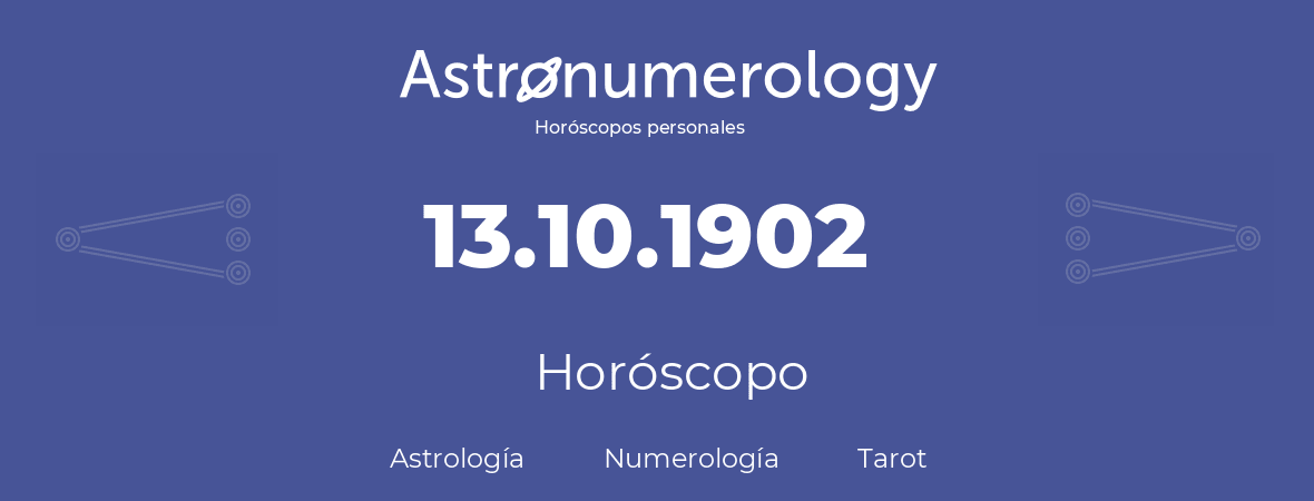 Fecha de nacimiento 13.10.1902 (13 de Octubre de 1902). Horóscopo.