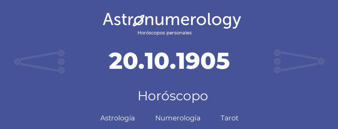 Fecha de nacimiento 20.10.1905 (20 de Octubre de 1905). Horóscopo.