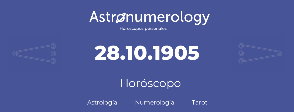 Fecha de nacimiento 28.10.1905 (28 de Octubre de 1905). Horóscopo.