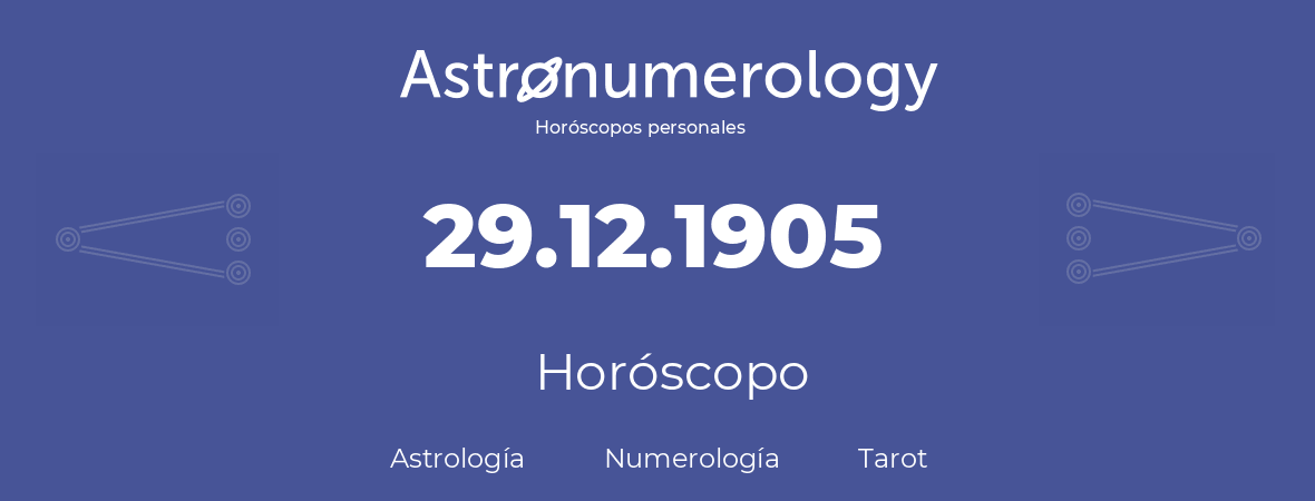 Fecha de nacimiento 29.12.1905 (29 de Diciembre de 1905). Horóscopo.