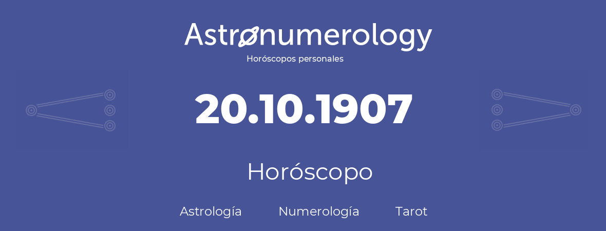 Fecha de nacimiento 20.10.1907 (20 de Octubre de 1907). Horóscopo.