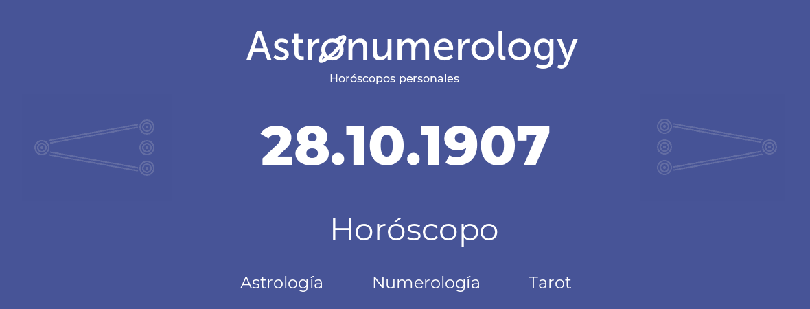 Fecha de nacimiento 28.10.1907 (28 de Octubre de 1907). Horóscopo.