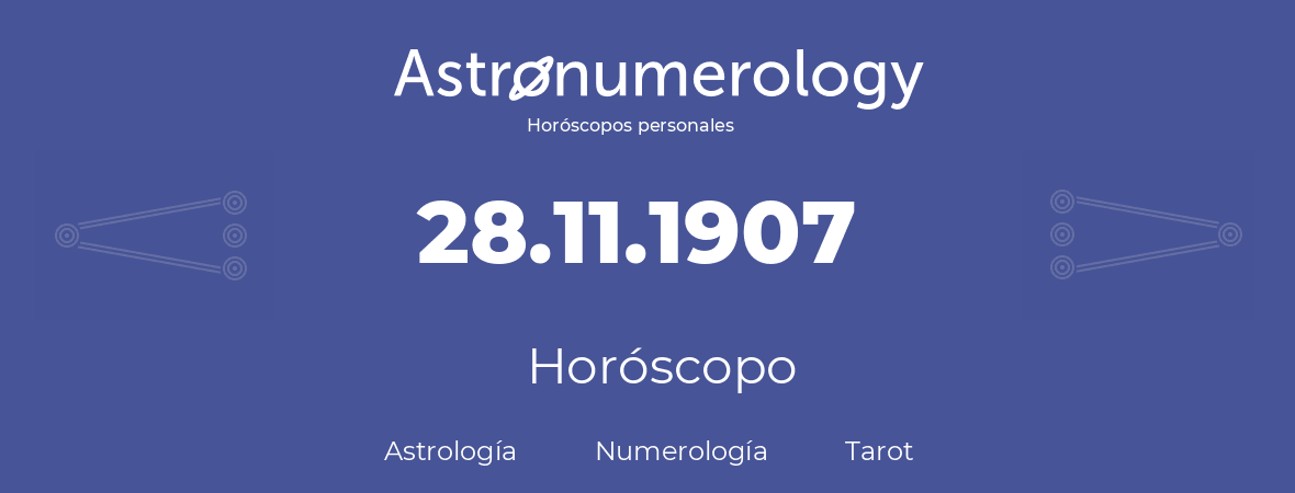 Fecha de nacimiento 28.11.1907 (28 de Noviembre de 1907). Horóscopo.