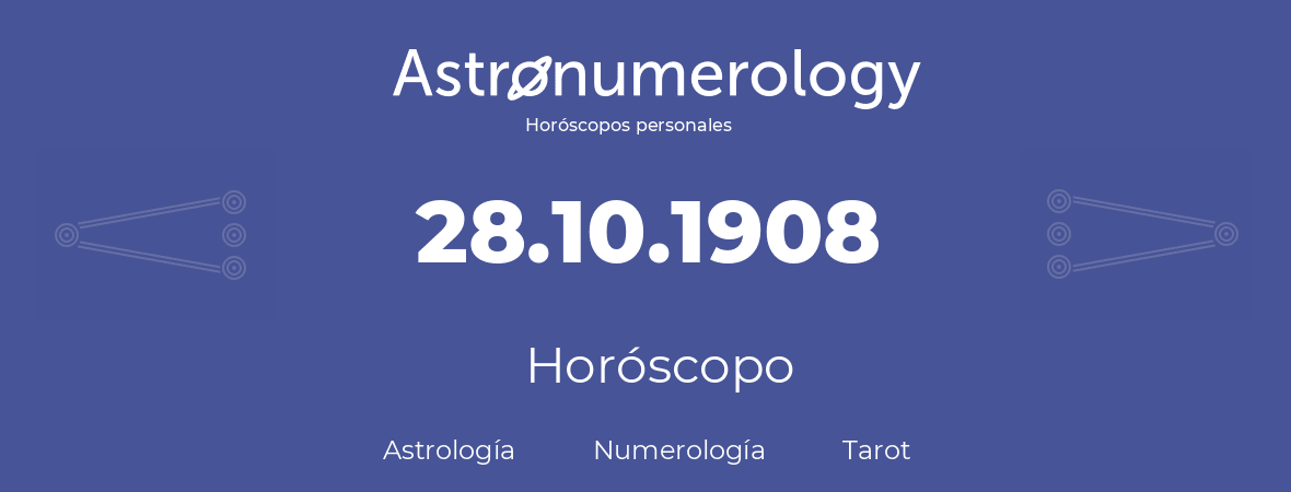 Fecha de nacimiento 28.10.1908 (28 de Octubre de 1908). Horóscopo.