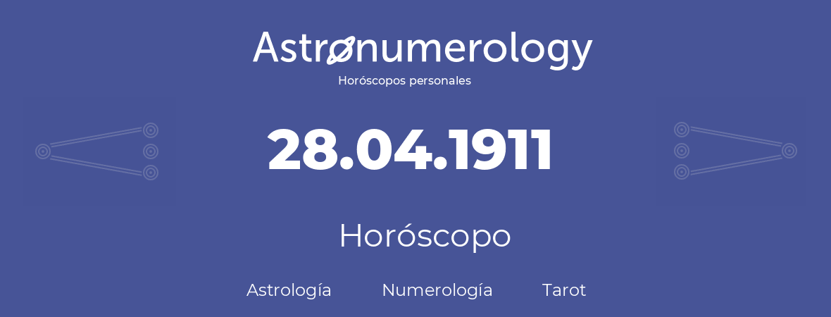 Fecha de nacimiento 28.04.1911 (28 de Abril de 1911). Horóscopo.