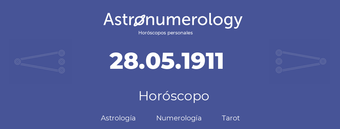 Fecha de nacimiento 28.05.1911 (28 de Mayo de 1911). Horóscopo.
