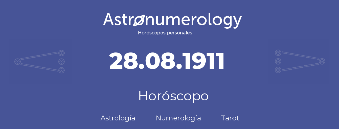 Fecha de nacimiento 28.08.1911 (28 de Agosto de 1911). Horóscopo.