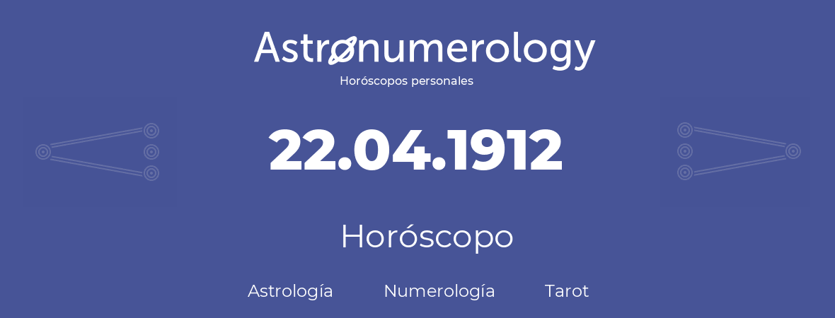 Fecha de nacimiento 22.04.1912 (22 de Abril de 1912). Horóscopo.
