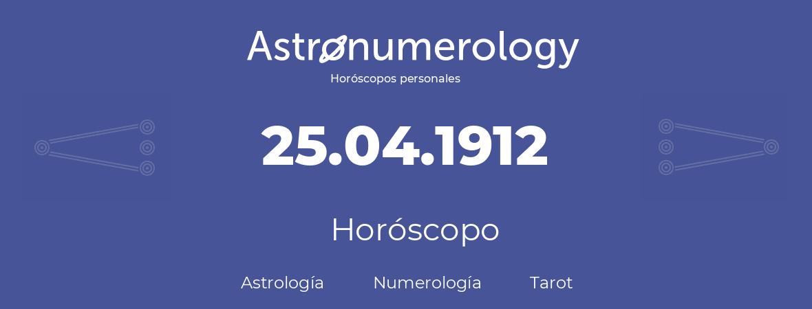 Fecha de nacimiento 25.04.1912 (25 de Abril de 1912). Horóscopo.