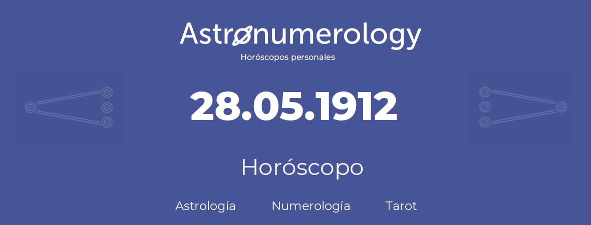 Fecha de nacimiento 28.05.1912 (28 de Mayo de 1912). Horóscopo.