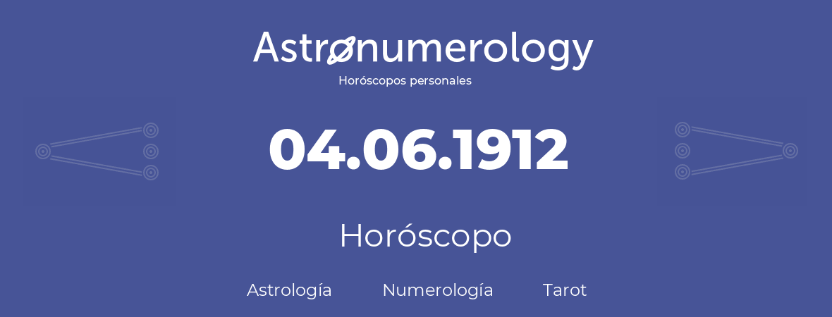 Fecha de nacimiento 04.06.1912 (04 de Junio de 1912). Horóscopo.