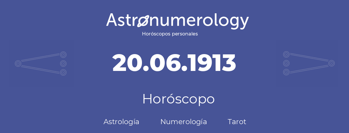 Fecha de nacimiento 20.06.1913 (20 de Junio de 1913). Horóscopo.