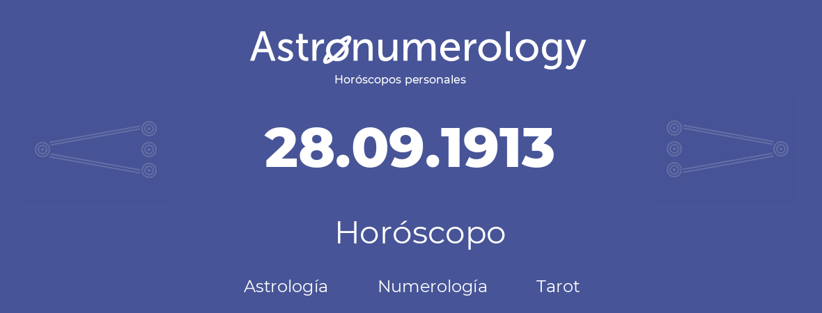 Fecha de nacimiento 28.09.1913 (28 de Septiembre de 1913). Horóscopo.