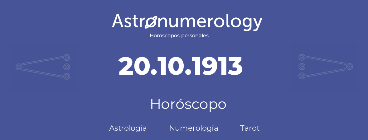 Fecha de nacimiento 20.10.1913 (20 de Octubre de 1913). Horóscopo.