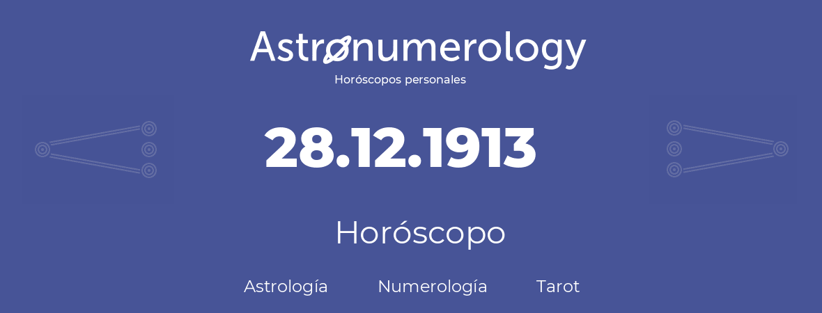 Fecha de nacimiento 28.12.1913 (28 de Diciembre de 1913). Horóscopo.