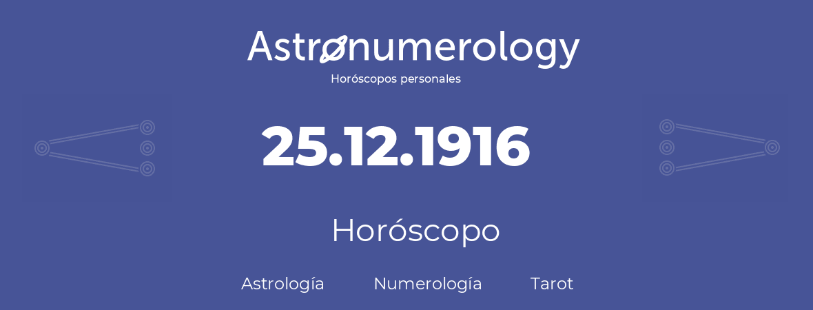 Fecha de nacimiento 25.12.1916 (25 de Diciembre de 1916). Horóscopo.