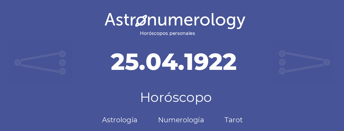 Fecha de nacimiento 25.04.1922 (25 de Abril de 1922). Horóscopo.