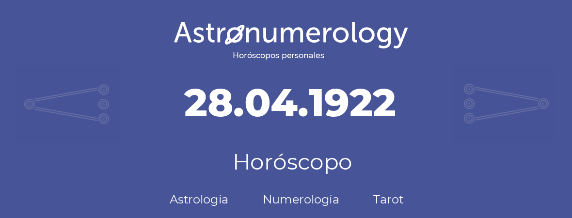 Fecha de nacimiento 28.04.1922 (28 de Abril de 1922). Horóscopo.