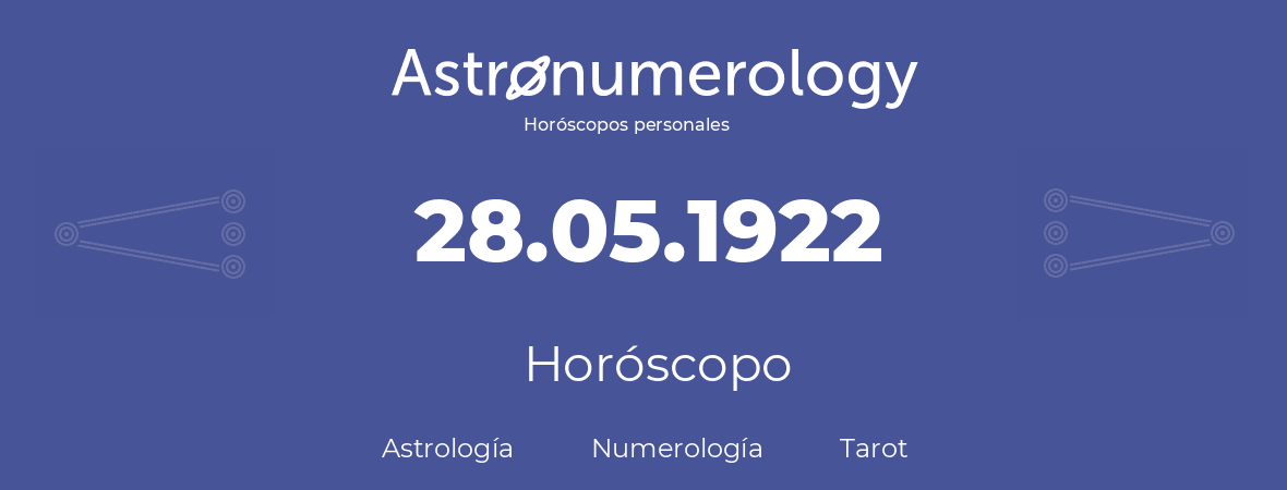 Fecha de nacimiento 28.05.1922 (28 de Mayo de 1922). Horóscopo.