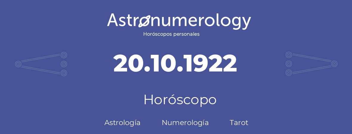 Fecha de nacimiento 20.10.1922 (20 de Octubre de 1922). Horóscopo.