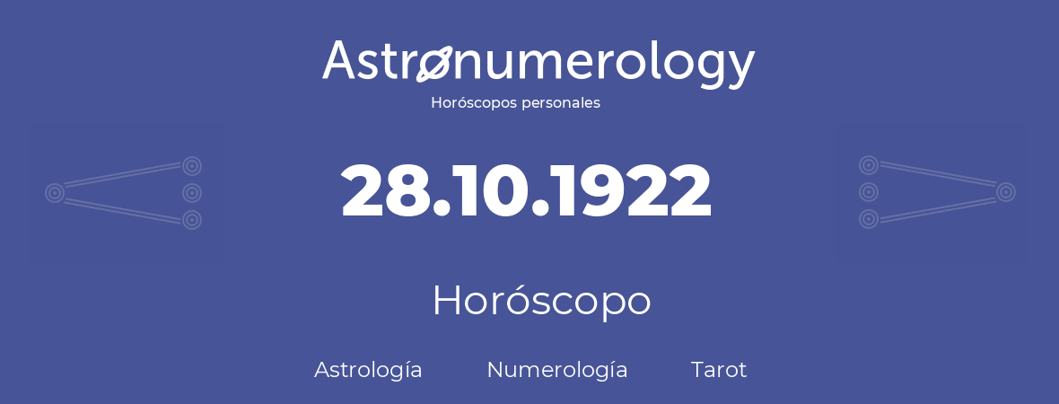 Fecha de nacimiento 28.10.1922 (28 de Octubre de 1922). Horóscopo.