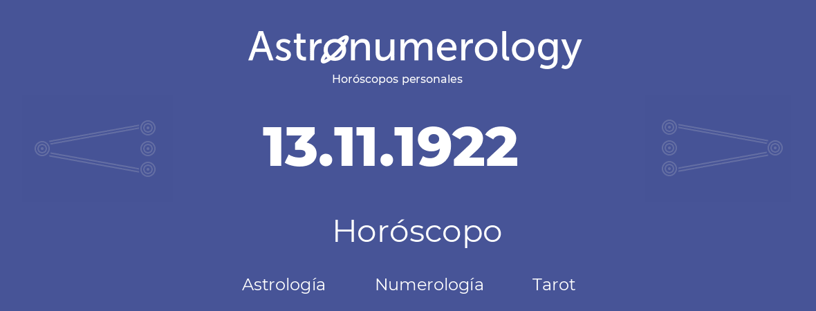 Fecha de nacimiento 13.11.1922 (13 de Noviembre de 1922). Horóscopo.