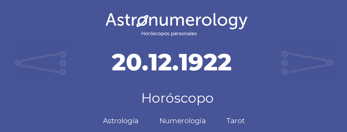 Fecha de nacimiento 20.12.1922 (20 de Diciembre de 1922). Horóscopo.