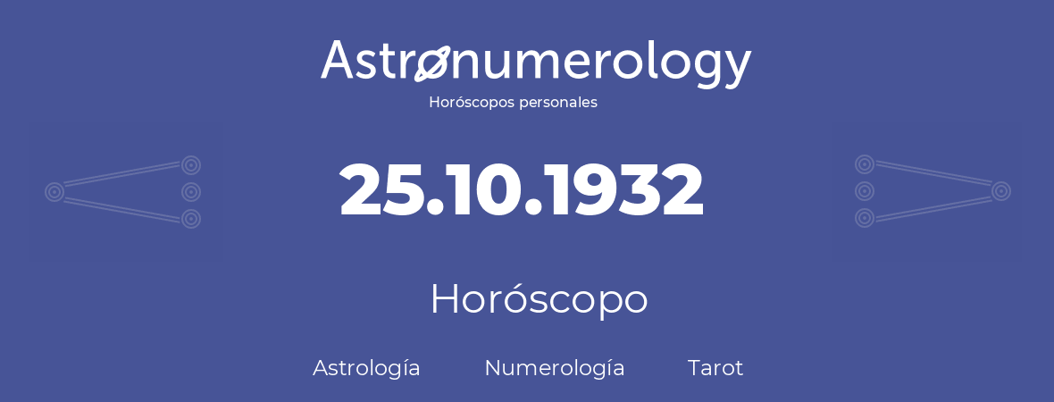 Fecha de nacimiento 25.10.1932 (25 de Octubre de 1932). Horóscopo.