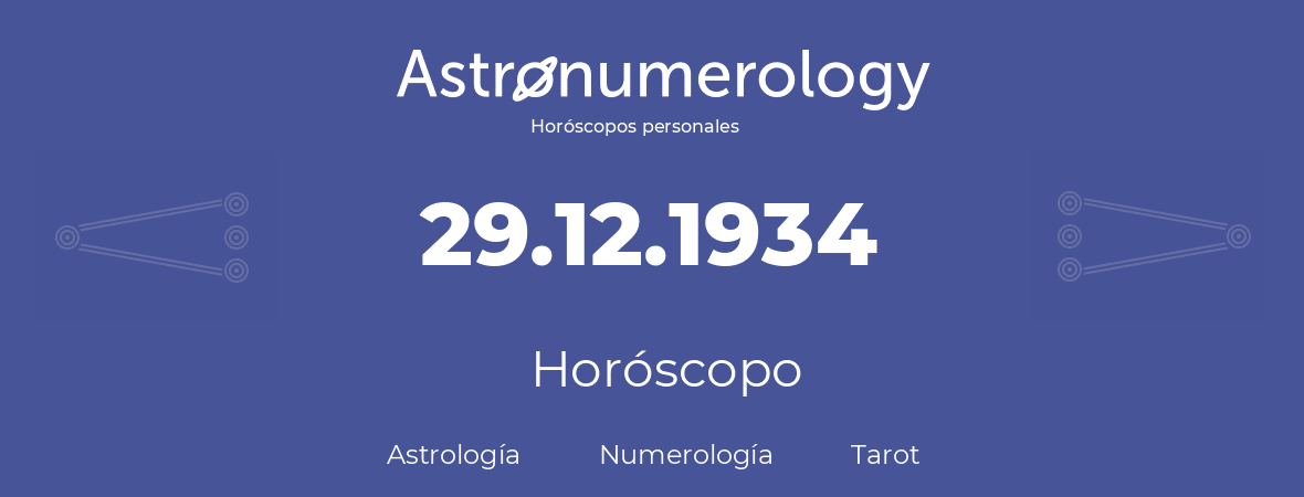 Fecha de nacimiento 29.12.1934 (29 de Diciembre de 1934). Horóscopo.