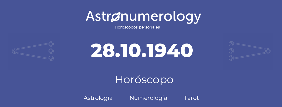 Fecha de nacimiento 28.10.1940 (28 de Octubre de 1940). Horóscopo.