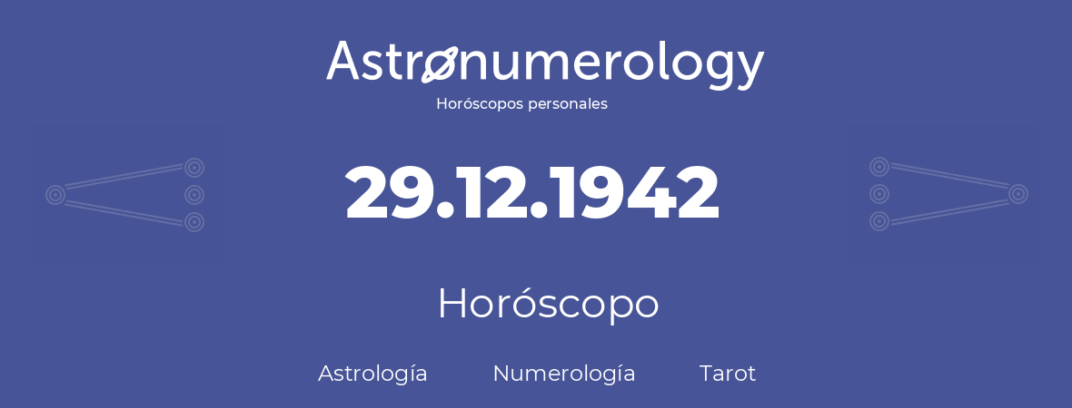 Fecha de nacimiento 29.12.1942 (29 de Diciembre de 1942). Horóscopo.