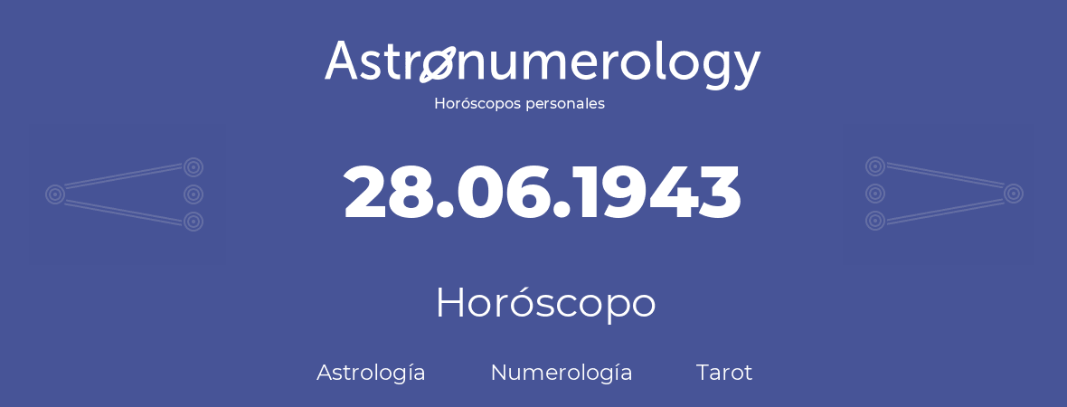 Fecha de nacimiento 28.06.1943 (28 de Junio de 1943). Horóscopo.