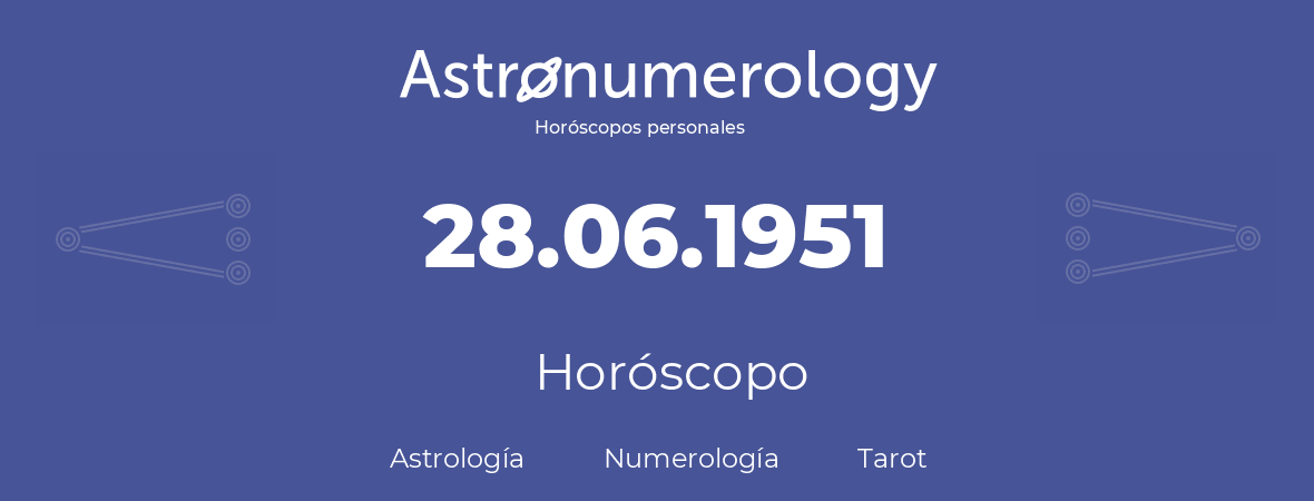 Fecha de nacimiento 28.06.1951 (28 de Junio de 1951). Horóscopo.