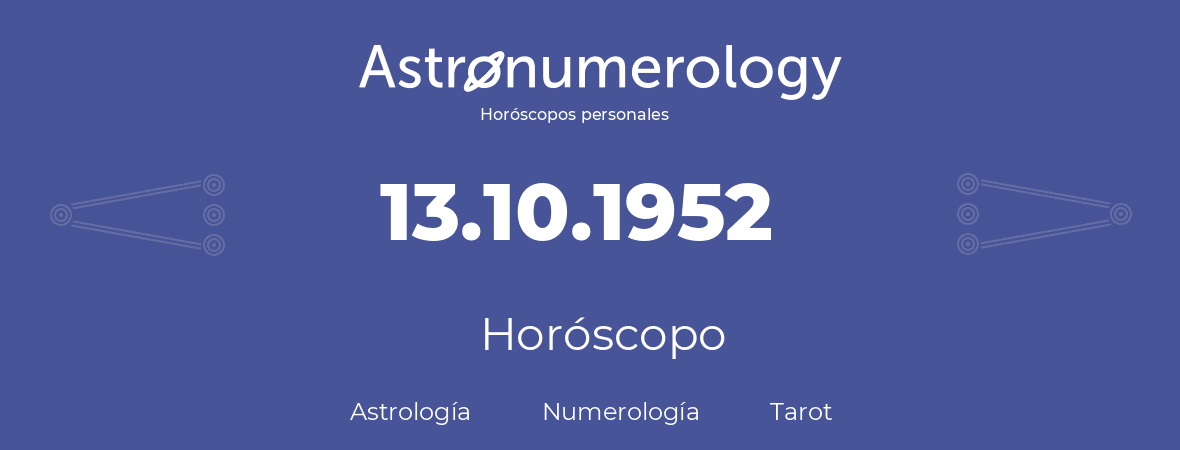 Fecha de nacimiento 13.10.1952 (13 de Octubre de 1952). Horóscopo.