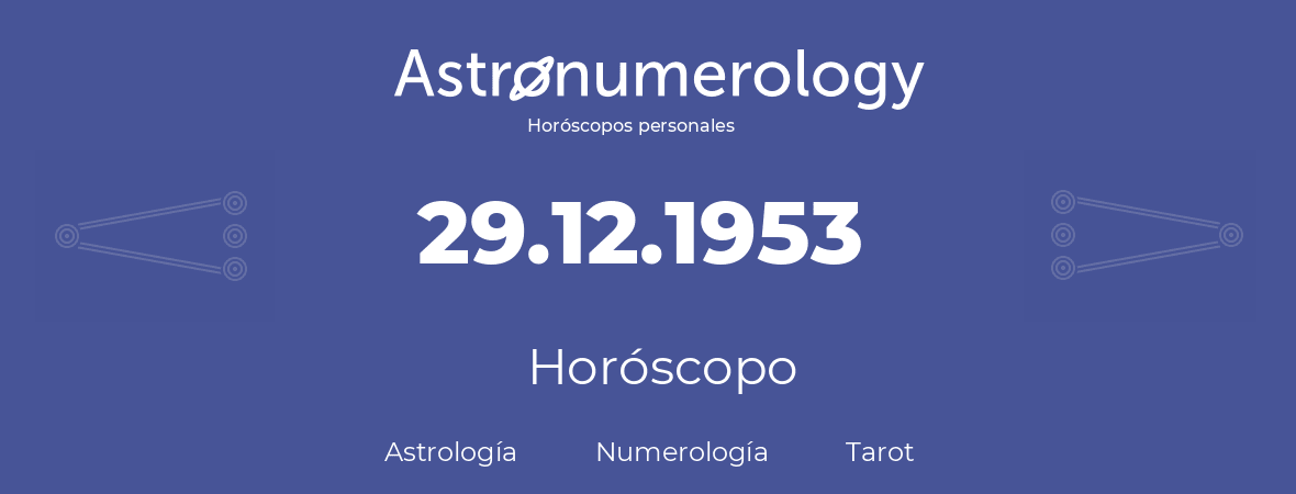 Fecha de nacimiento 29.12.1953 (29 de Diciembre de 1953). Horóscopo.