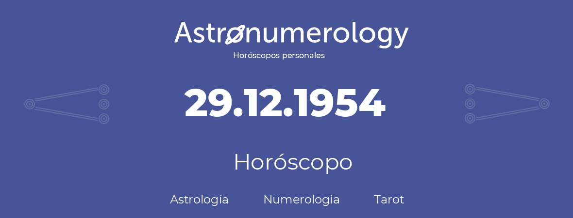 Fecha de nacimiento 29.12.1954 (29 de Diciembre de 1954). Horóscopo.