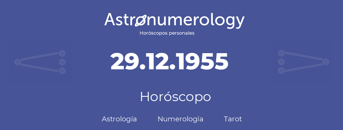 Fecha de nacimiento 29.12.1955 (29 de Diciembre de 1955). Horóscopo.