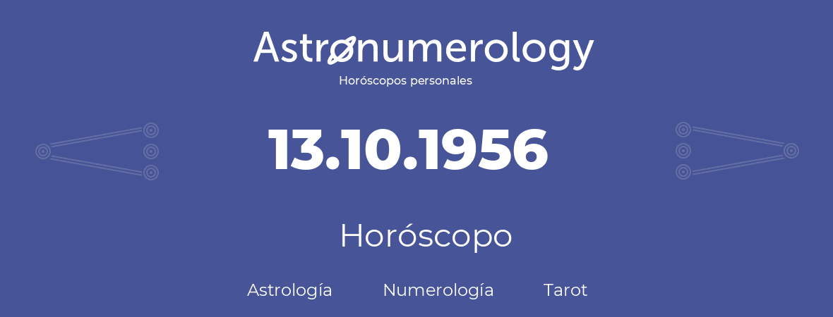 Fecha de nacimiento 13.10.1956 (13 de Octubre de 1956). Horóscopo.
