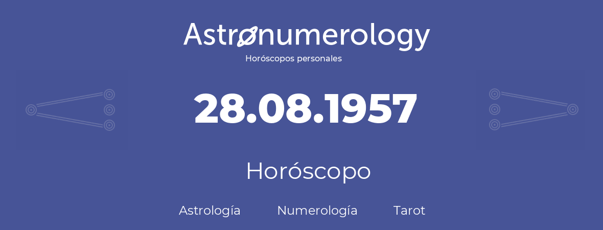 Fecha de nacimiento 28.08.1957 (28 de Agosto de 1957). Horóscopo.