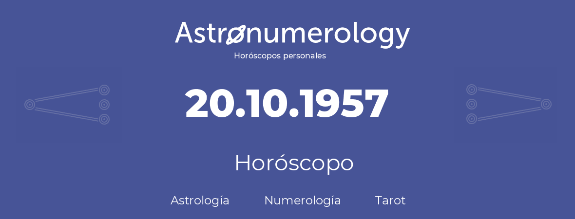 Fecha de nacimiento 20.10.1957 (20 de Octubre de 1957). Horóscopo.