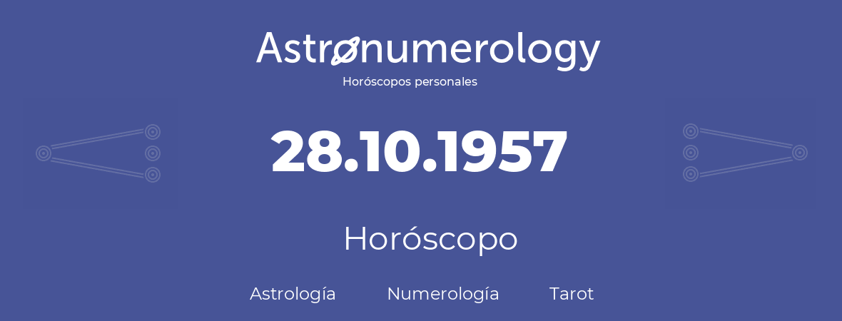 Fecha de nacimiento 28.10.1957 (28 de Octubre de 1957). Horóscopo.