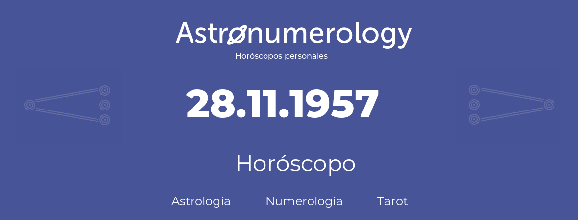 Fecha de nacimiento 28.11.1957 (28 de Noviembre de 1957). Horóscopo.
