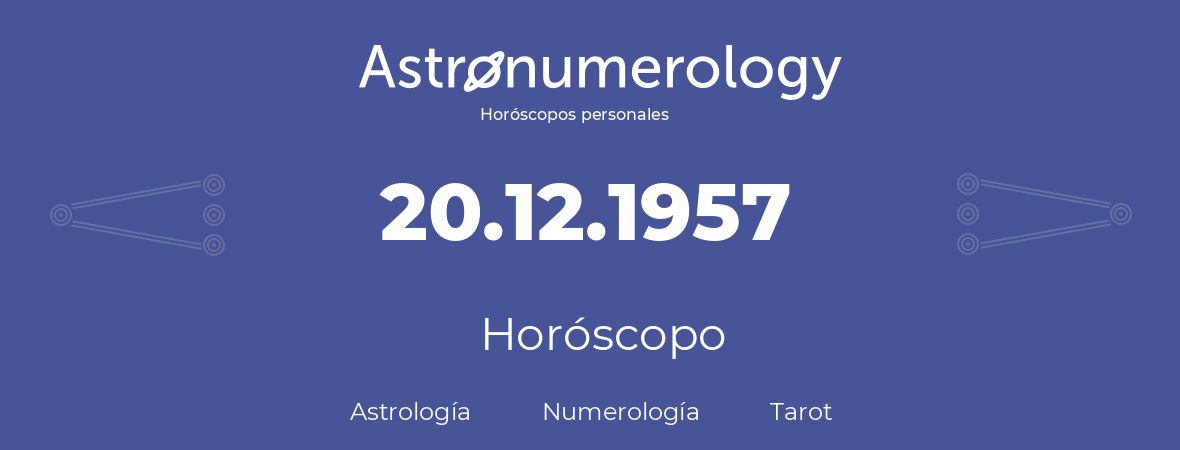 Fecha de nacimiento 20.12.1957 (20 de Diciembre de 1957). Horóscopo.