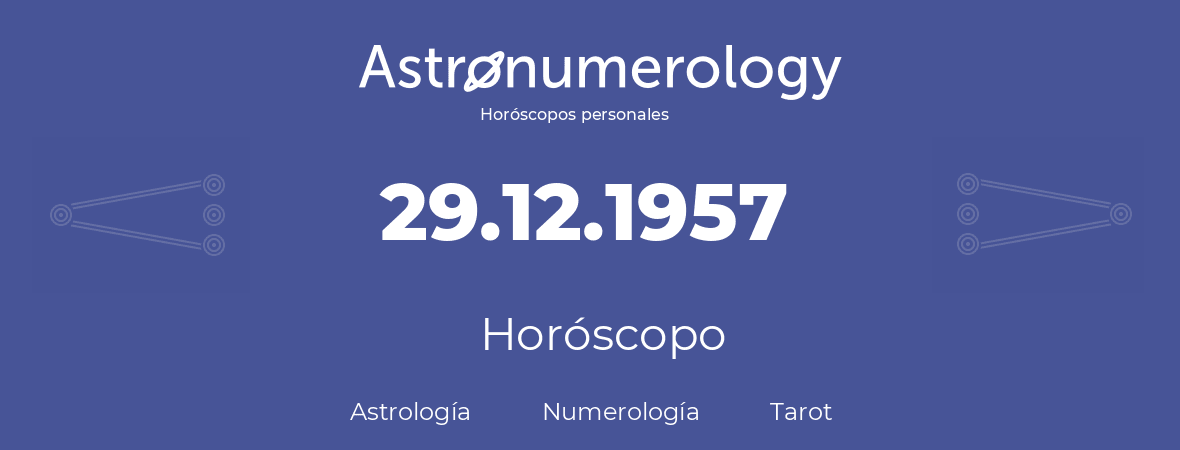 Fecha de nacimiento 29.12.1957 (29 de Diciembre de 1957). Horóscopo.