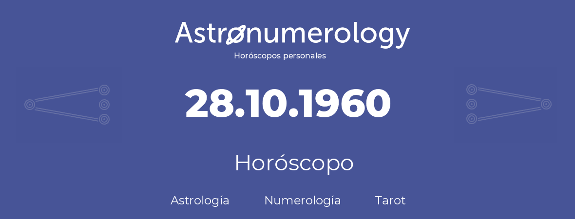 Fecha de nacimiento 28.10.1960 (28 de Octubre de 1960). Horóscopo.