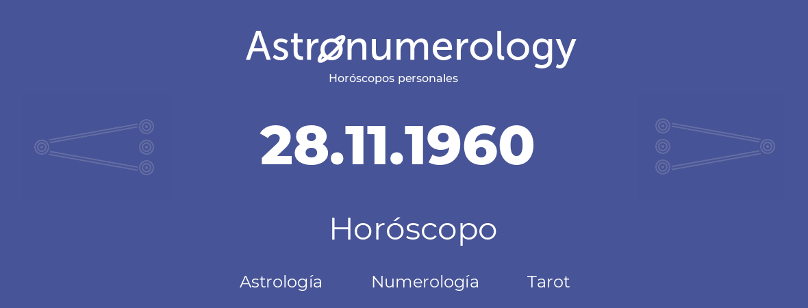 Fecha de nacimiento 28.11.1960 (28 de Noviembre de 1960). Horóscopo.